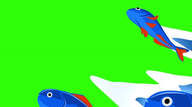 Cartoon Water Wave and Fish Transition Green Screen &ndash; Animated Wave Wipe with Swimming Fish Effect