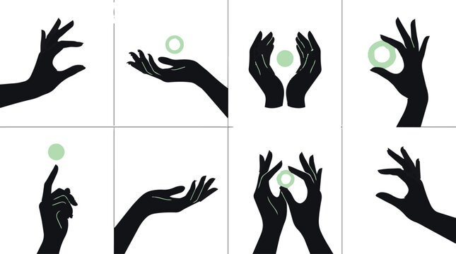 Set of black silhouettes of human hands interacting with glowing magical orbs isolated on white background