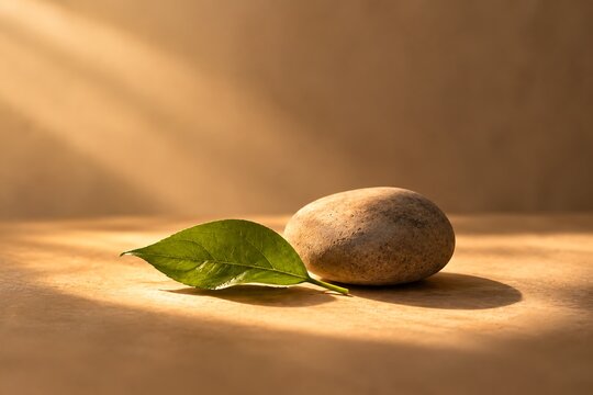 A single smooth stone rests beside a vibrant green leaf, bathed in warm, dappled sunlight creating a serene and natural composition.
