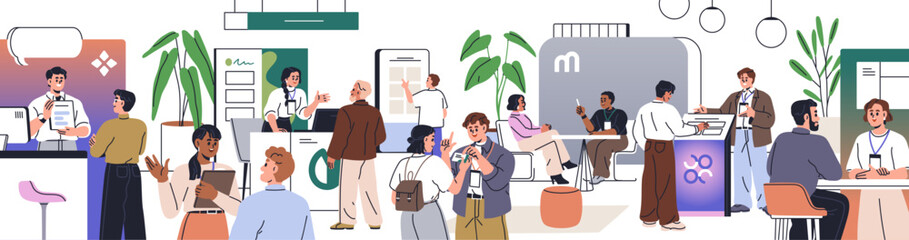 Fototapeta na wymiar People at business expo center. Marketing professionals, managers, exhibitors at stalls and visitors during exhibition event, tradeshow. Communication and product promotion. Flat vector illustration