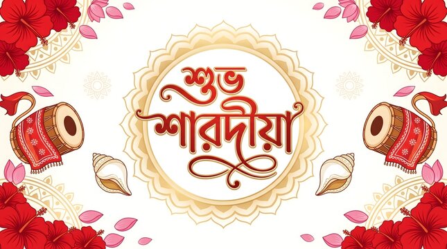 Subho Sharadiya Durga Puja greeting card with traditional dhak drums and red hibiscus flowers on white background.