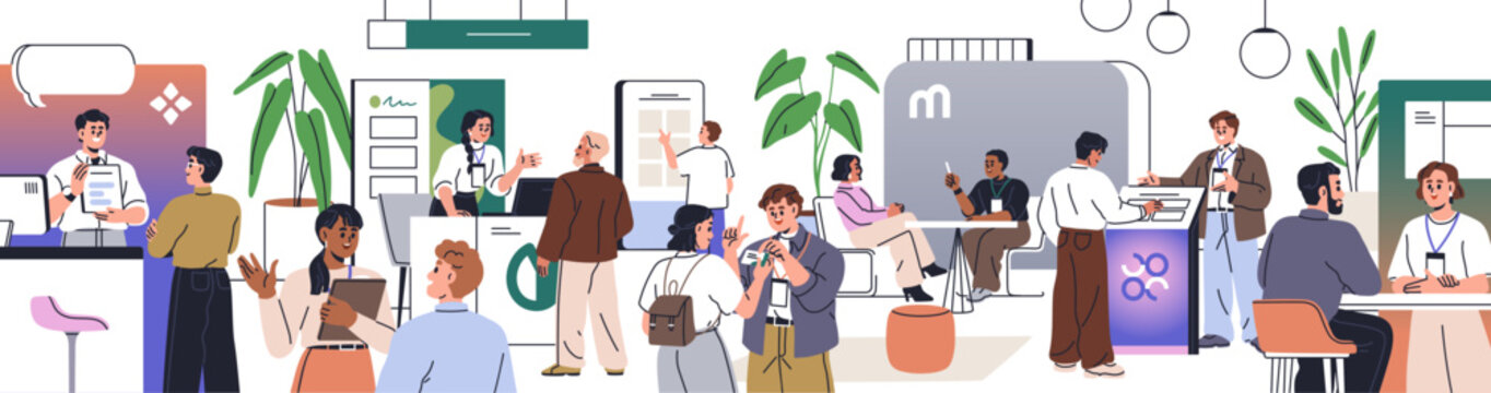 People at business expo center. Marketing professionals, managers, exhibitors at stalls and visitors during exhibition event, tradeshow. Communication and product promotion. Flat vector illustration