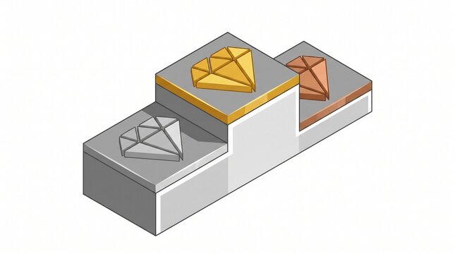 Isometric award podium with diamond trophies representing first second and third place