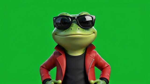Cool Cartoon Frog Wearing Sunglasses And Red Jacket On Green Screen 4k
