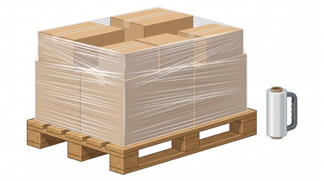 Isometric wooden pallet loaded with cardboard boxes and stretch wrap film roll