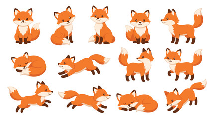 Obraz premium Forest animal themed element pack in a cute doodle style, sitting foxes, jumping kits, sleeping animals, and walking cubs