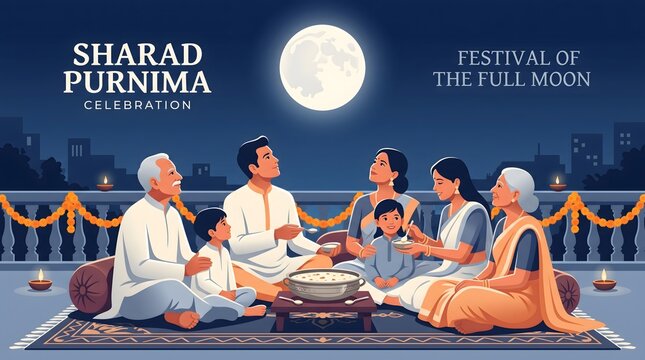 Sharad Purnima full moon celebration banner with family gathered on terrace eating sweet dessert illustration.