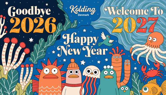 Happy New Year 2027, goodbye 2026, cartoon sea creatures