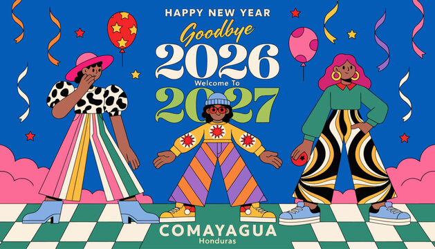 Happy New Year 2027, goodbye 2026, colorful illustration of people celebrating