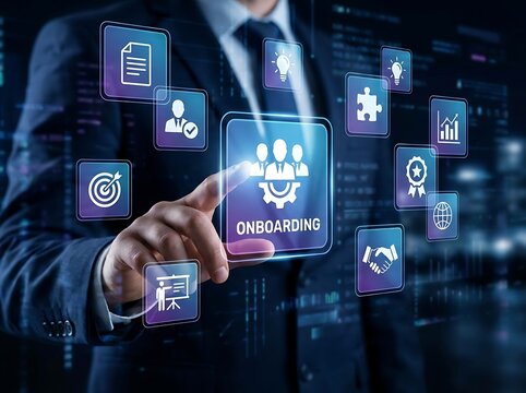 Business person touching a glowing blue digital onboarding interface with various for employee training and corporate development