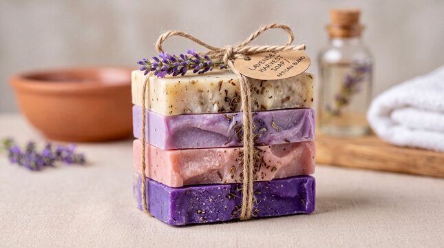Handmade soap stacked with lavender and natural ingredients on a table in a simple setting