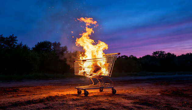 Burning Shopping Cart on Fire Concept of Consumerism Crisis and Financial Inflation