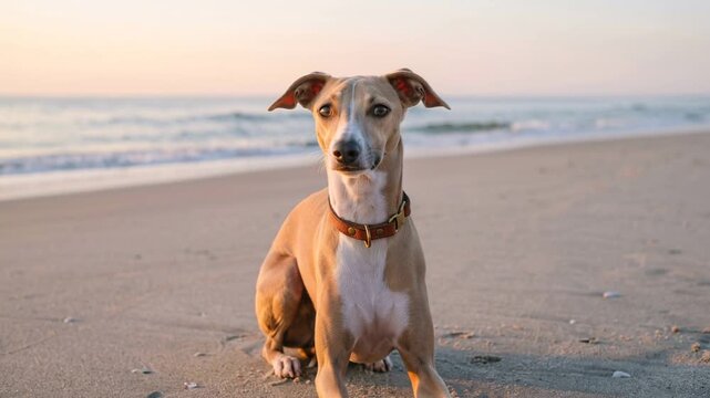 italian greyhound close up at the beach at morning light in amalfi coast italy video