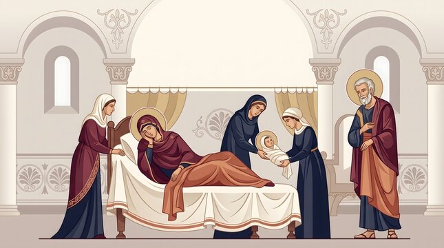 Nativity of Mary traditional religious painting illustration of biblical scene with family and newborn baby.