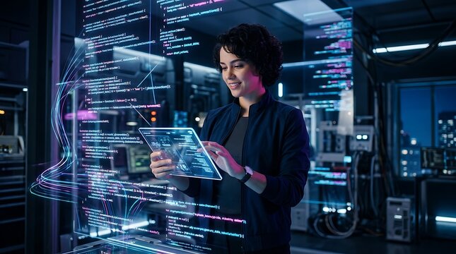 Smiling female software developer working with futuristic glowing holographic code interface