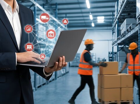 Business manager using a laptop with digital supply chain in a large warehouse with workers moving boxes on pallets in the background