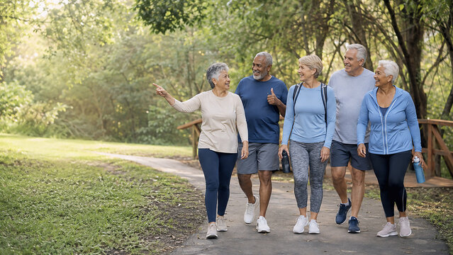 Active Older Adults Walking Together in Nature, Healthy Aging and Social Wellness