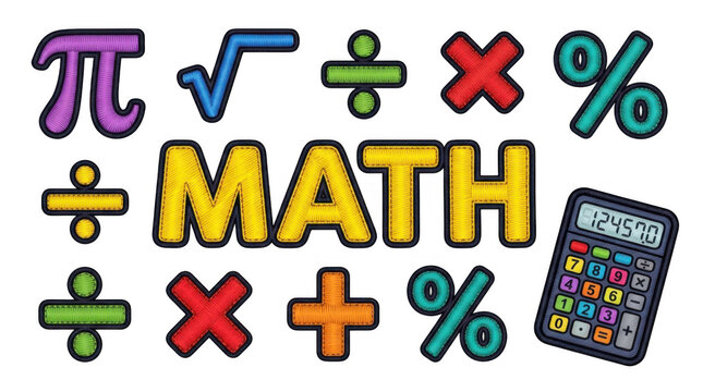 Colorful math symbols and letters set isolated on transparent background
