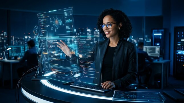 Professional female software developer interacting with holographic data interface at night