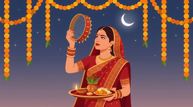 Indian woman in red saree performing Karwa Chauth ritual looking at moon through sieve with puja thali.