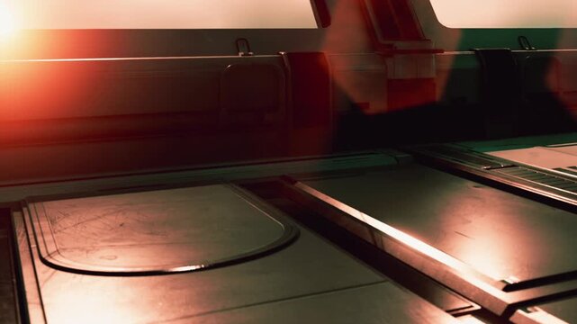 A control panel inside a spaceship gets illuminated by light from an open window. The scene shows a calm moment in space travel. There are tools and equipment nearby.
