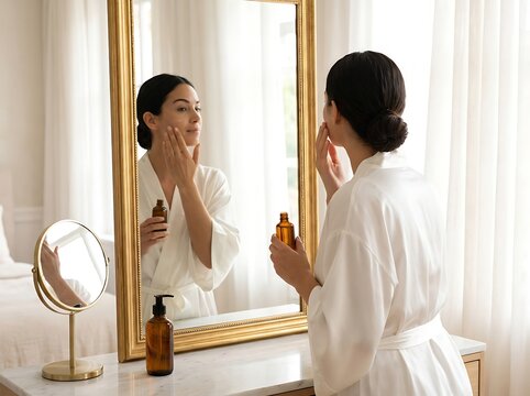 A woman in a white silk robe applying serum to her face while looking into a large gold framed mirror in a bright bedroom with curtains