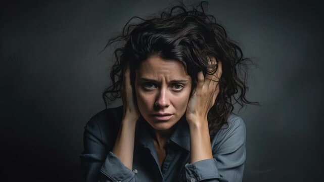 Woman with curly hair expressing sadness in a dimly lit room during evening hours