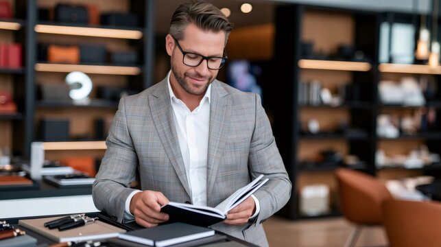 Professional man browsing luxury stationery in boutique shop