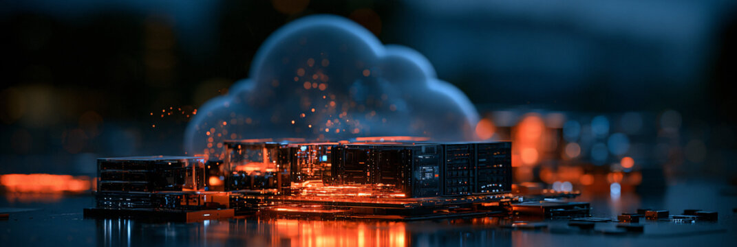 Futuristic cloud computing infrastructure with glowing server modules and data network.