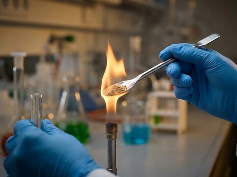 A scientist wearing blue nitrile gloves holding a spoon with a burning chemical substance over a bunsen burner in a laboratory setting at night