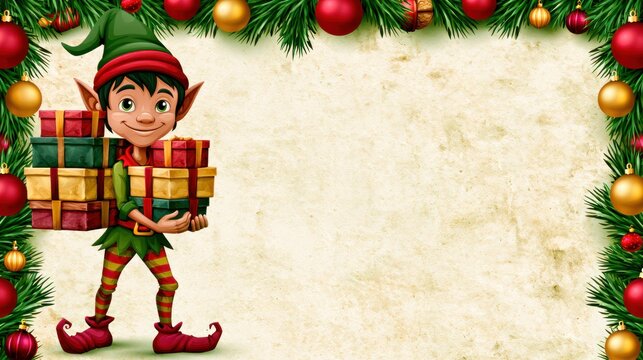 Cheerful Christmas Elf Carrying Colorful Wrapped Gifts