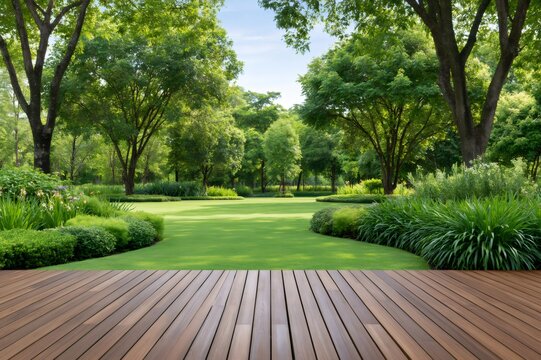 Wooden deck overlooking green lawn and lush garden