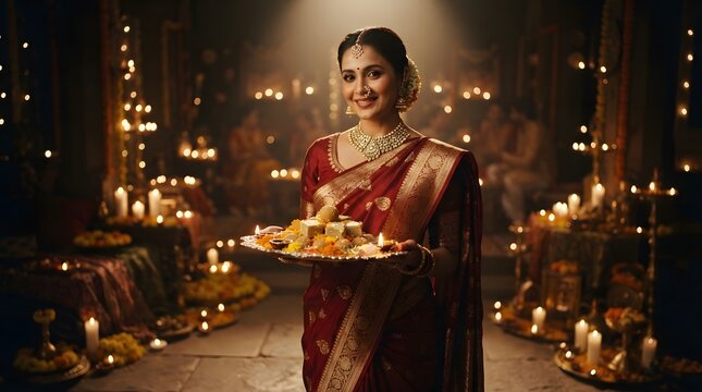 Elegant woman in traditional saree holding a tray of sweets and diyas during diwali festival