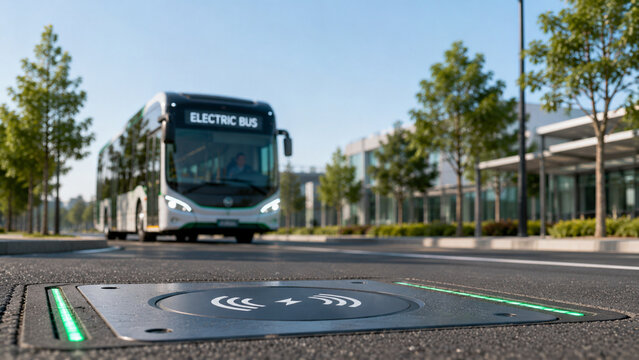 Inductive wireless charging pad embedded in road asphalt with a modern electric bus approaching in background