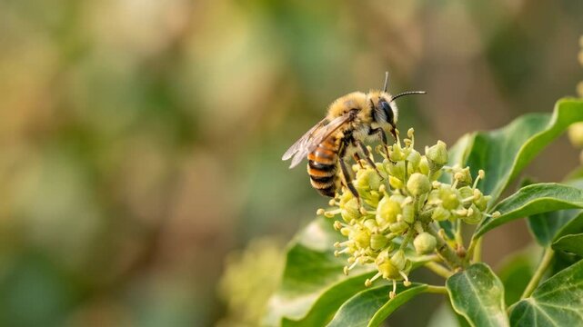 ivy bee close up at morning light in european garden video