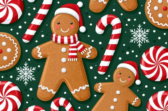 Gingerbread man cookies and candy canes christmas pattern