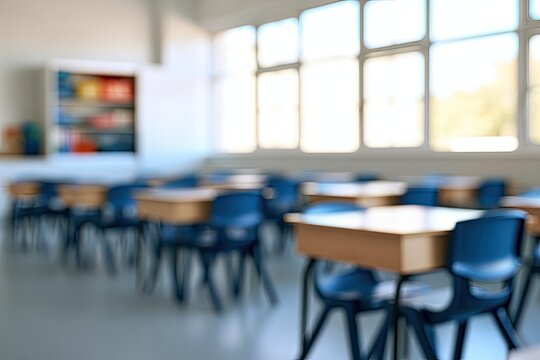 Rows of empty desks and chairs in a bright, sunlit classroom