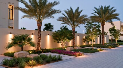 Fototapeta premium Modern luxury garden landscaping with outdoor lighting