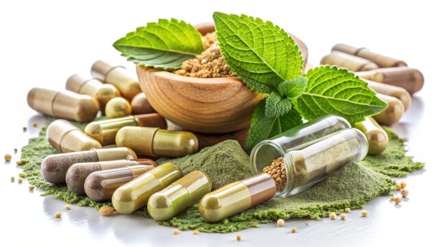 Closeup herbal ingredients powder with capsules isolated in white background herbal medicine for alternative therapy concept