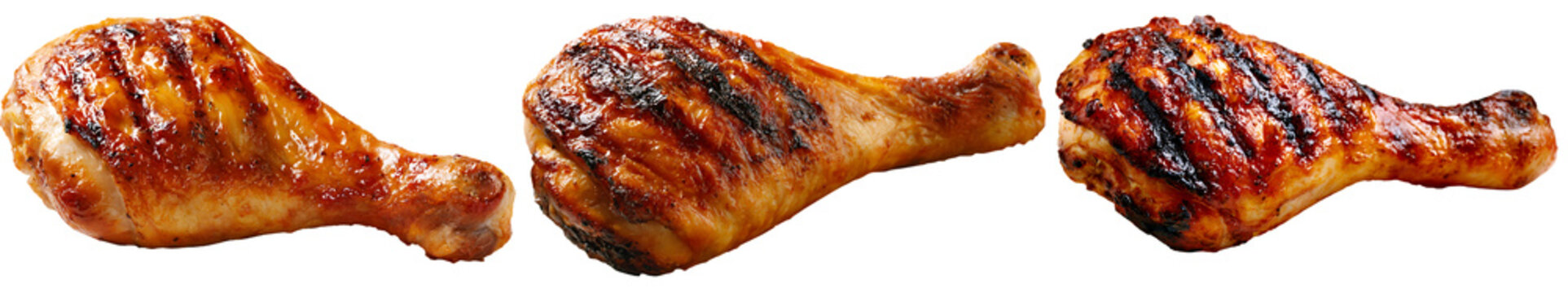 Three grilled chicken drumsticks isolated on transparent background