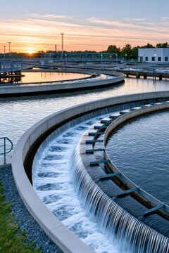 Wastewater treatment plant with flowing water at sunset