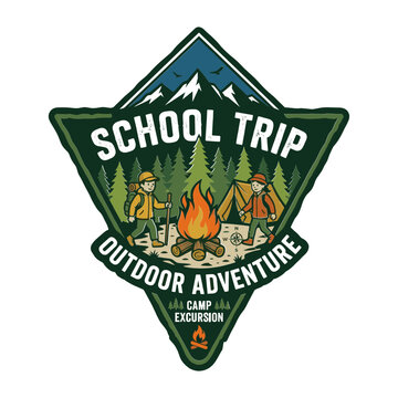 School trip outdoor adventure camping badge emblem with campfire tent and mountains illustration.