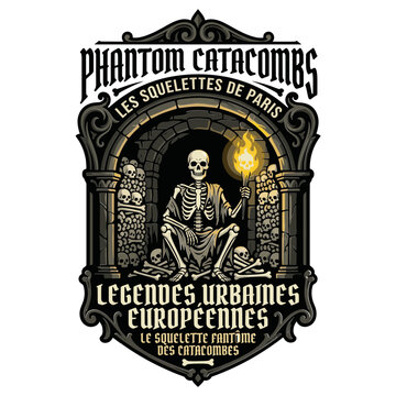Vintage gothic emblem of a skeleton holding a torch in the Paris catacombs ossuary.