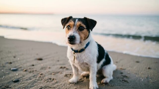 jack russell terrier close up at the beach at morning light in cornwall england video