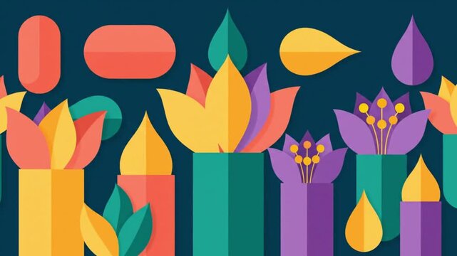 Abstract floral motion animation featuring colorful geometric plant shapes rising against deep blue background for artistic graphic design video footage