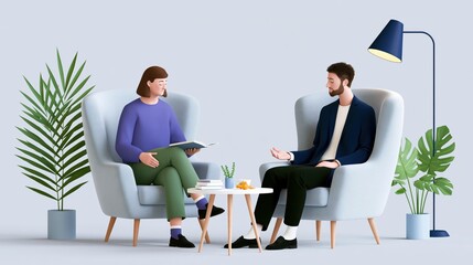 Fototapeta premium Two people in a therapy session sitting in armchairs with plants and a lamp for mental health support