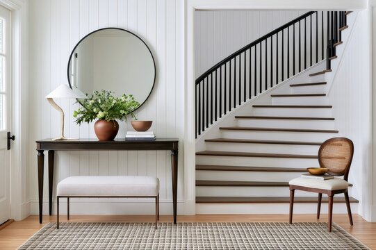 Modern entryway interior with console table and staircase