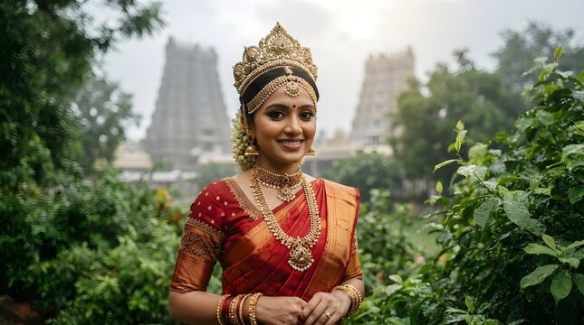 Beautiful indian woman in traditional bridal saree and gold jewelry, standing in front of an ancient temple, elegant cultural portrait