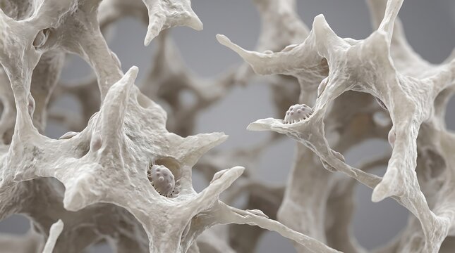 Microscopic 3D render of porous bone tissue matrix structure showing trabecular architecture with structure trabecular architecture microscopic skeleton orthopedic osteoporosis healthcare