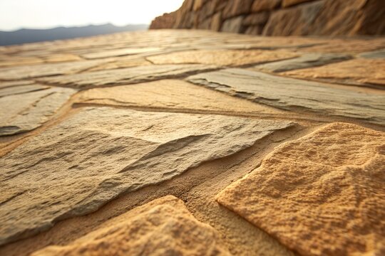 Textured brown flagstone patio surface captured in warm evening sunlight appearing isolated on transparent background